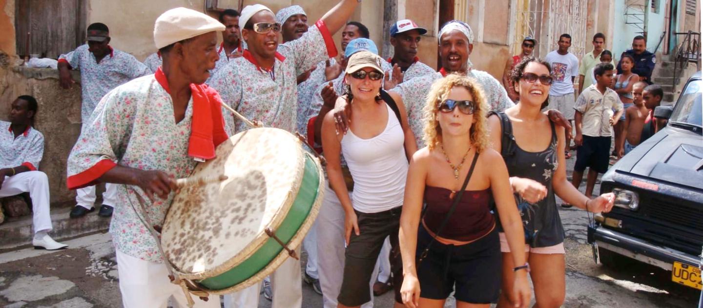 A carnival band parties with revelers in Santiago de Cuba