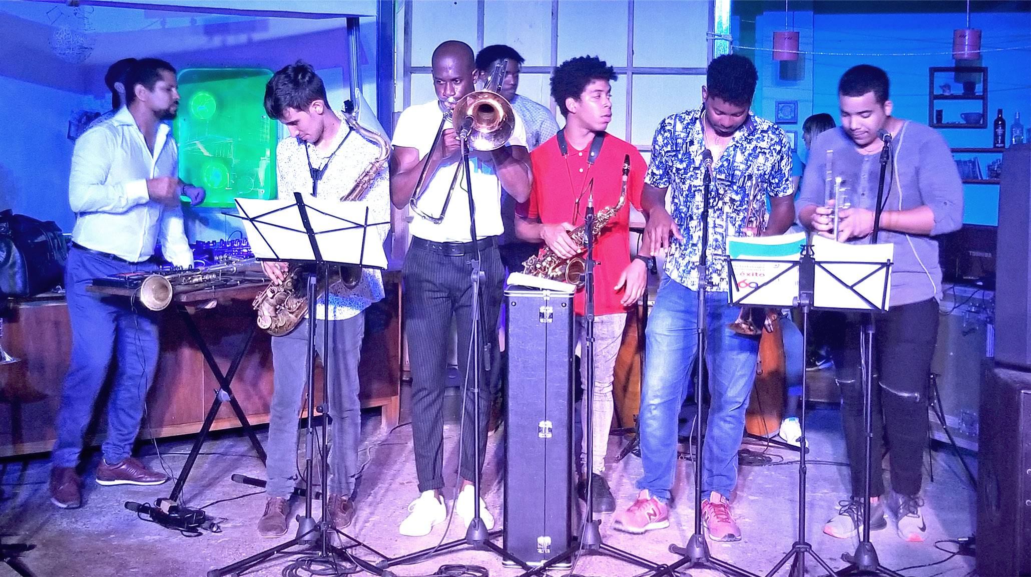 A group of young Cuban jazz musicians playing a set at the Havana Jazz Festival