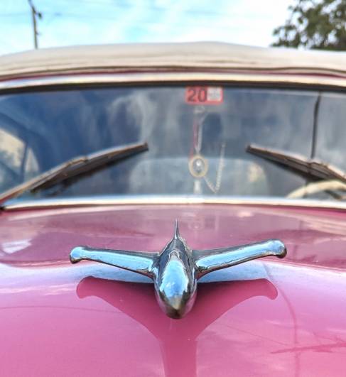 a pink classic car with a plan shaped hood ornament head on view
