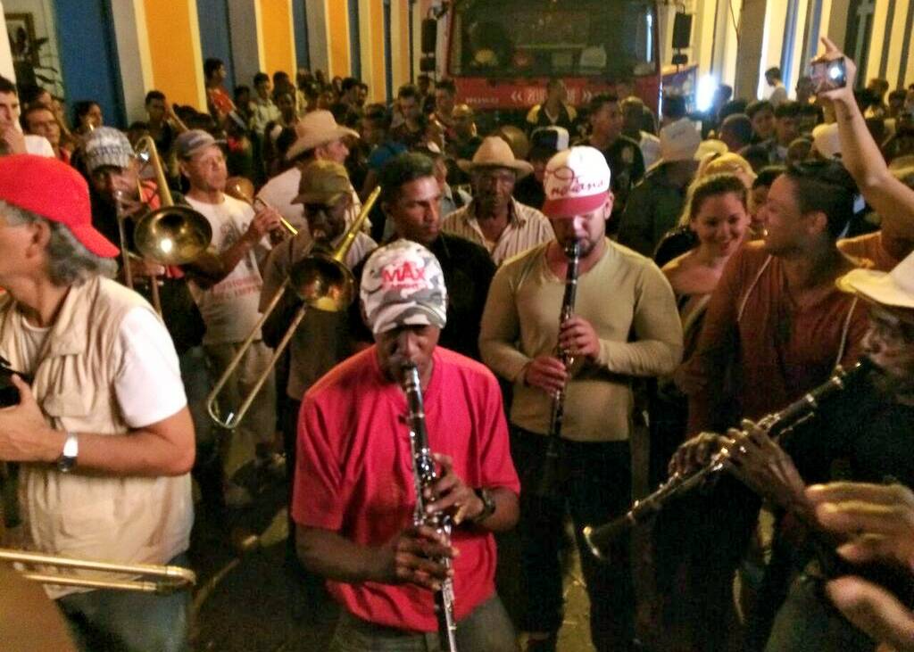 A street band plays at the Parrandas de Remedios festival. A street band plays at the Parrandas de Remedios festival in Cuba.