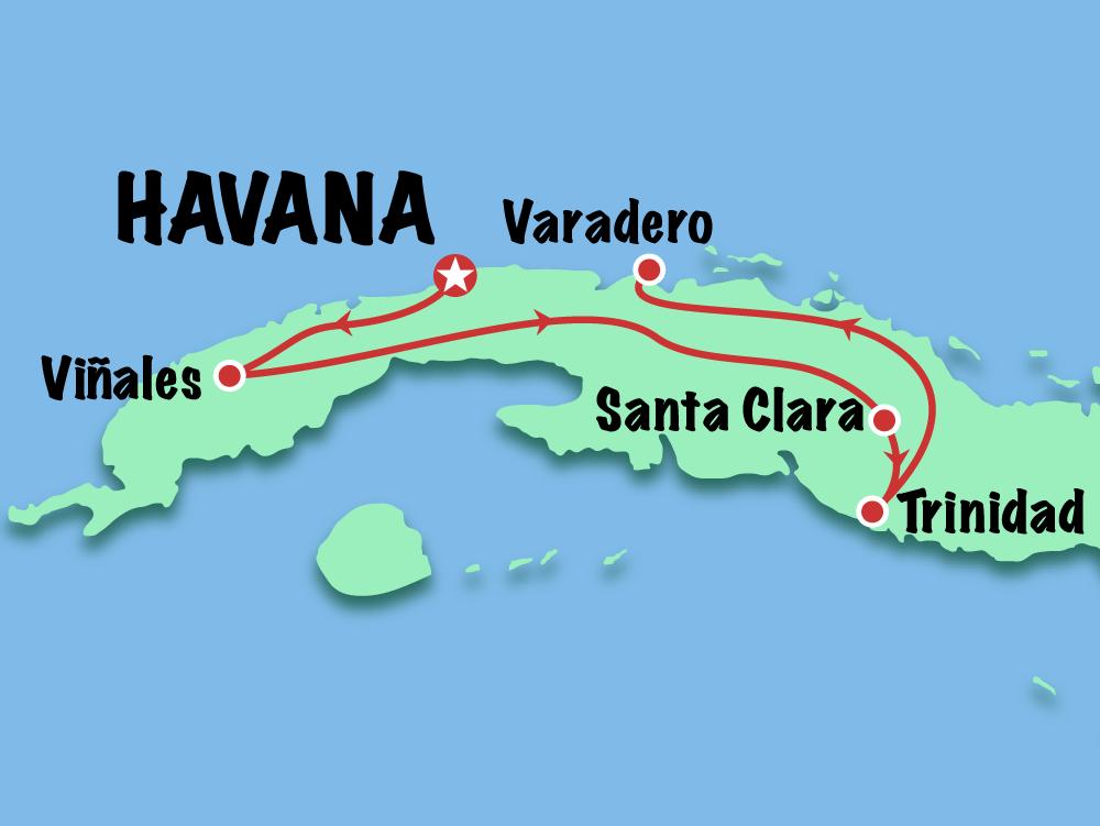 Mapa do tour de 10 dias em Cuba - Cuba Autentica