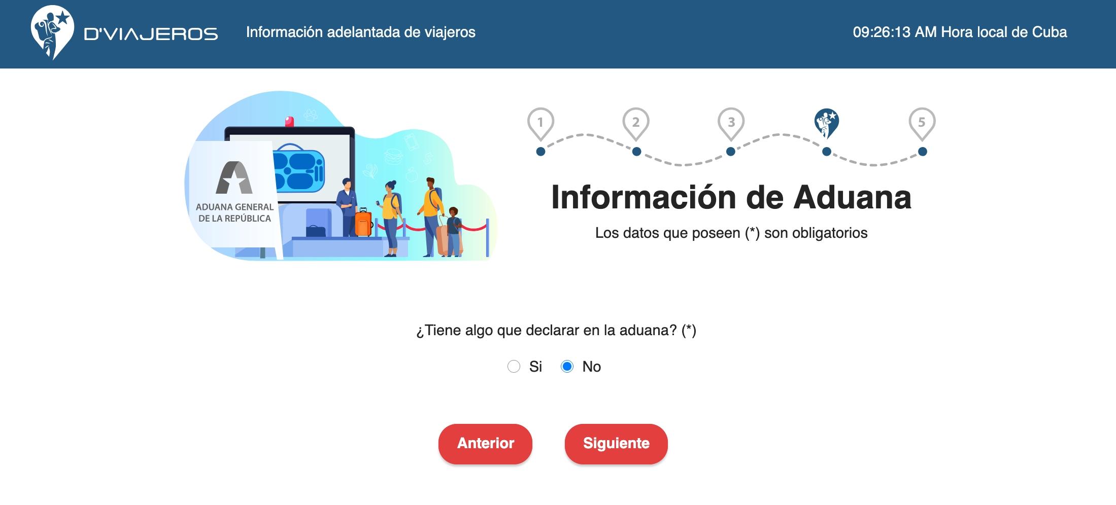 Informações alfandegárias do formulário D'Viajeros