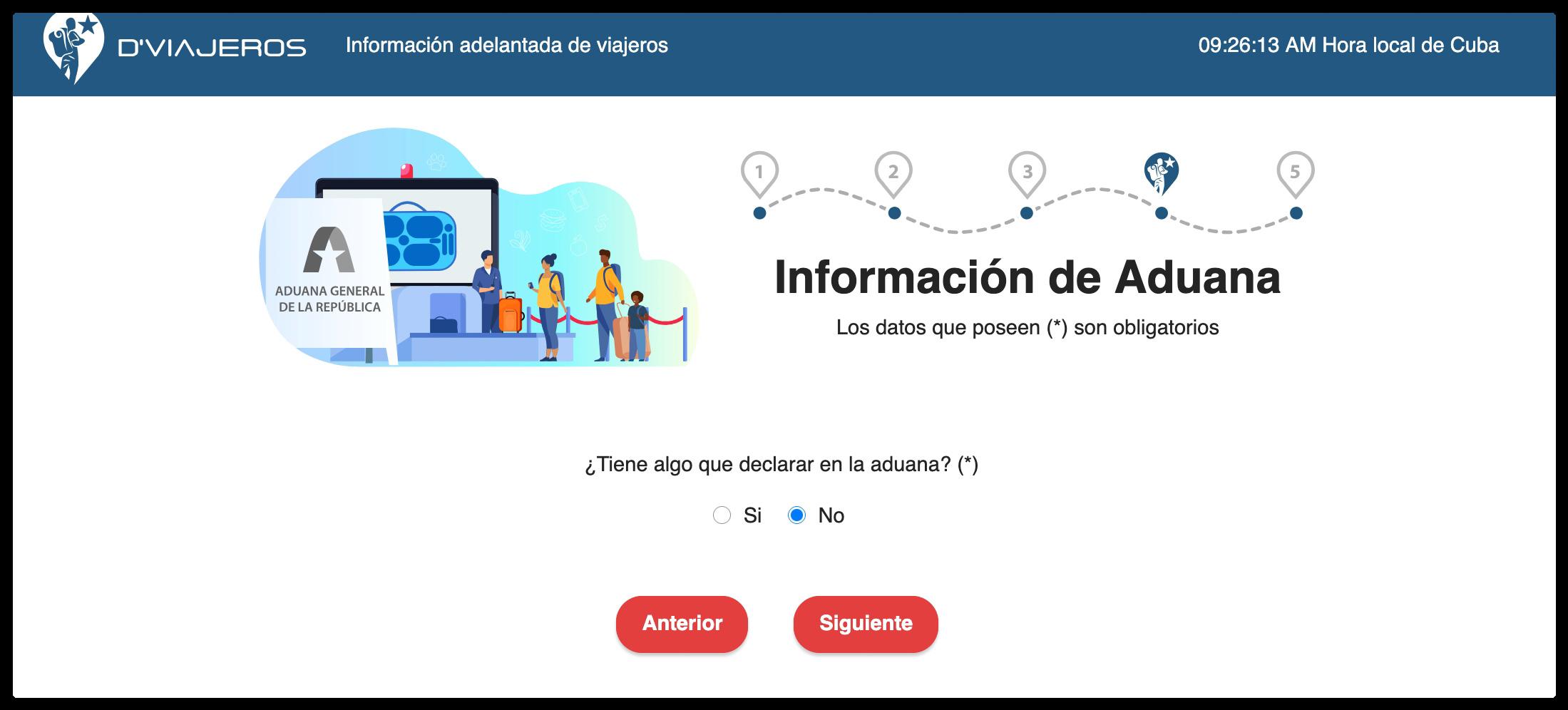 Informações alfandegárias do formulário D'Viajeros