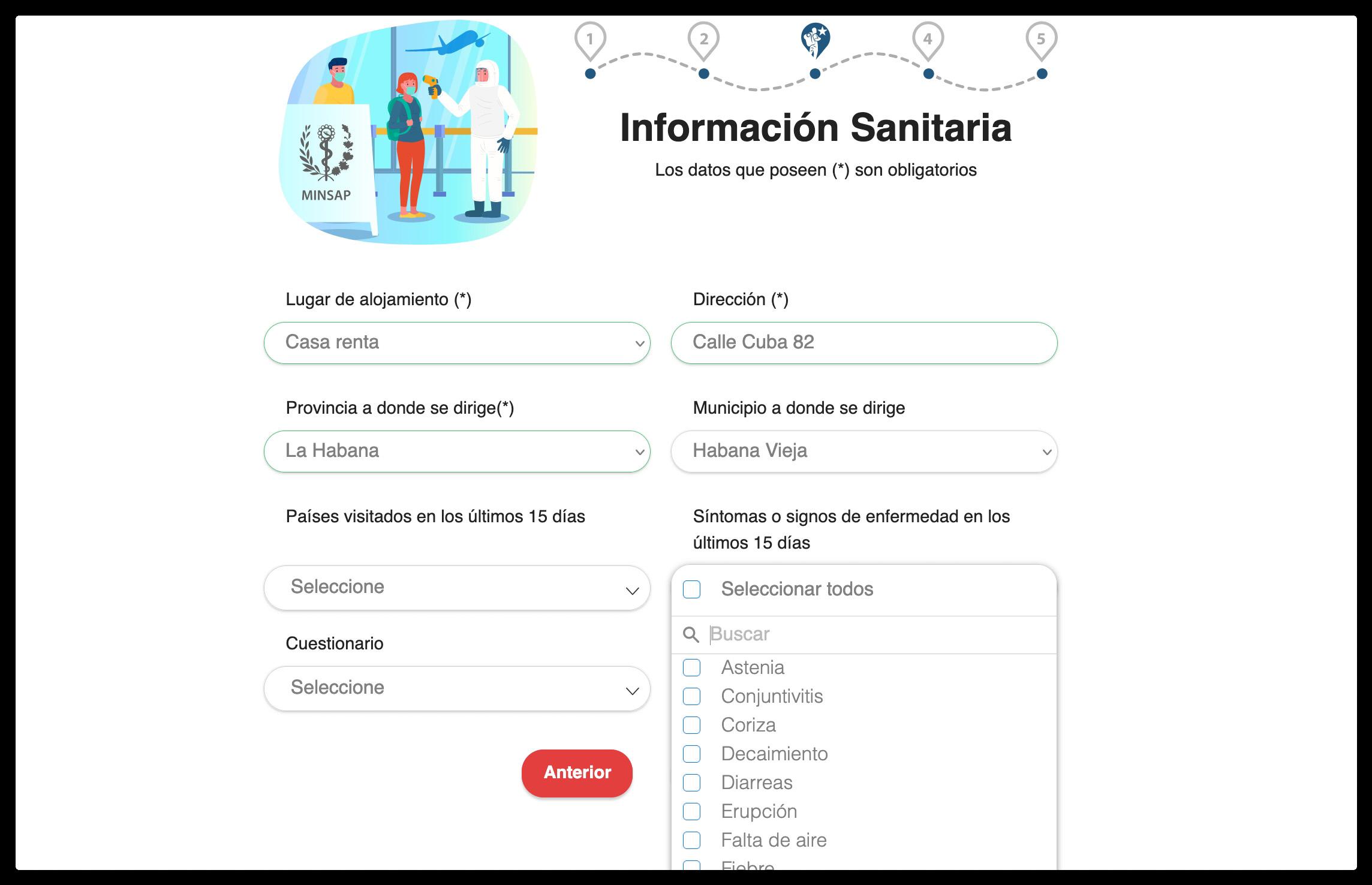 Informações sanitarias do formulário D'Viajeros para entrada em Cuba