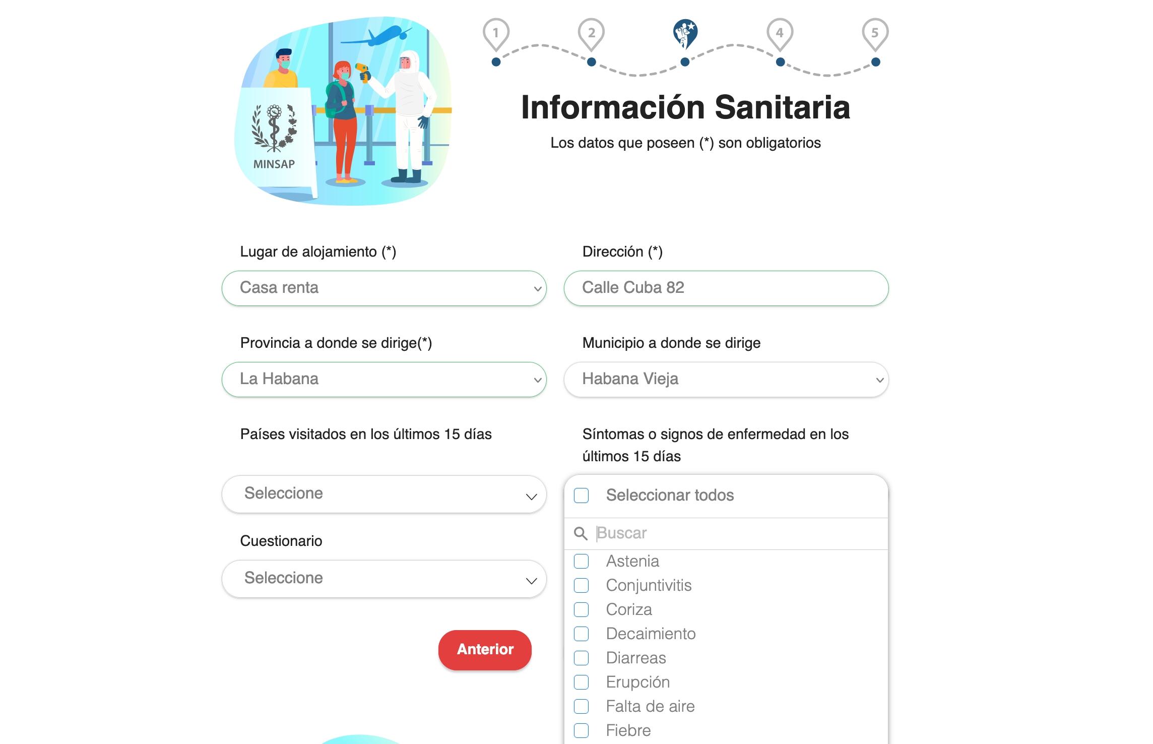 Informações sanitarias do formulário D'Viajeros para entrada em Cuba