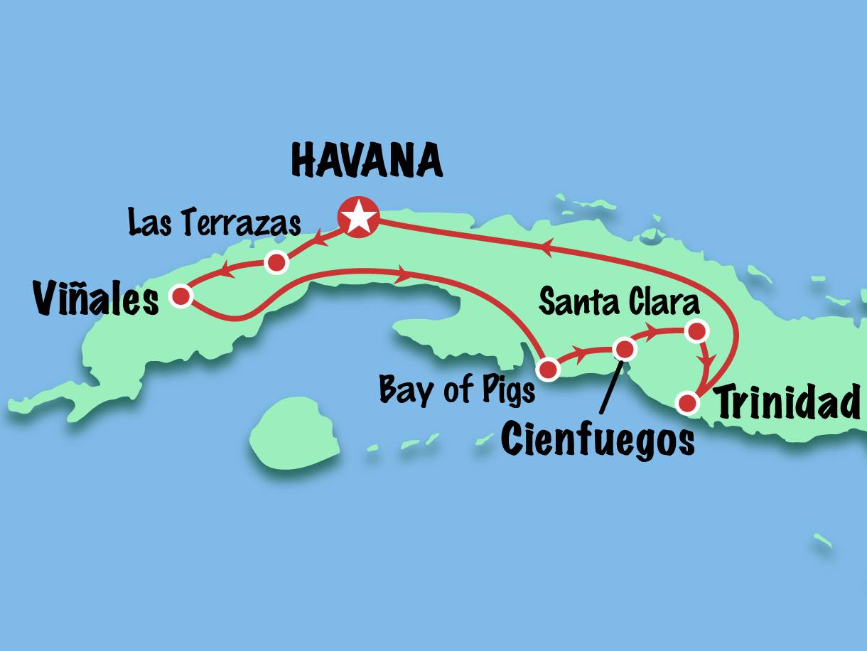 Itinerary map - 9 day Cuba Tour for Americans