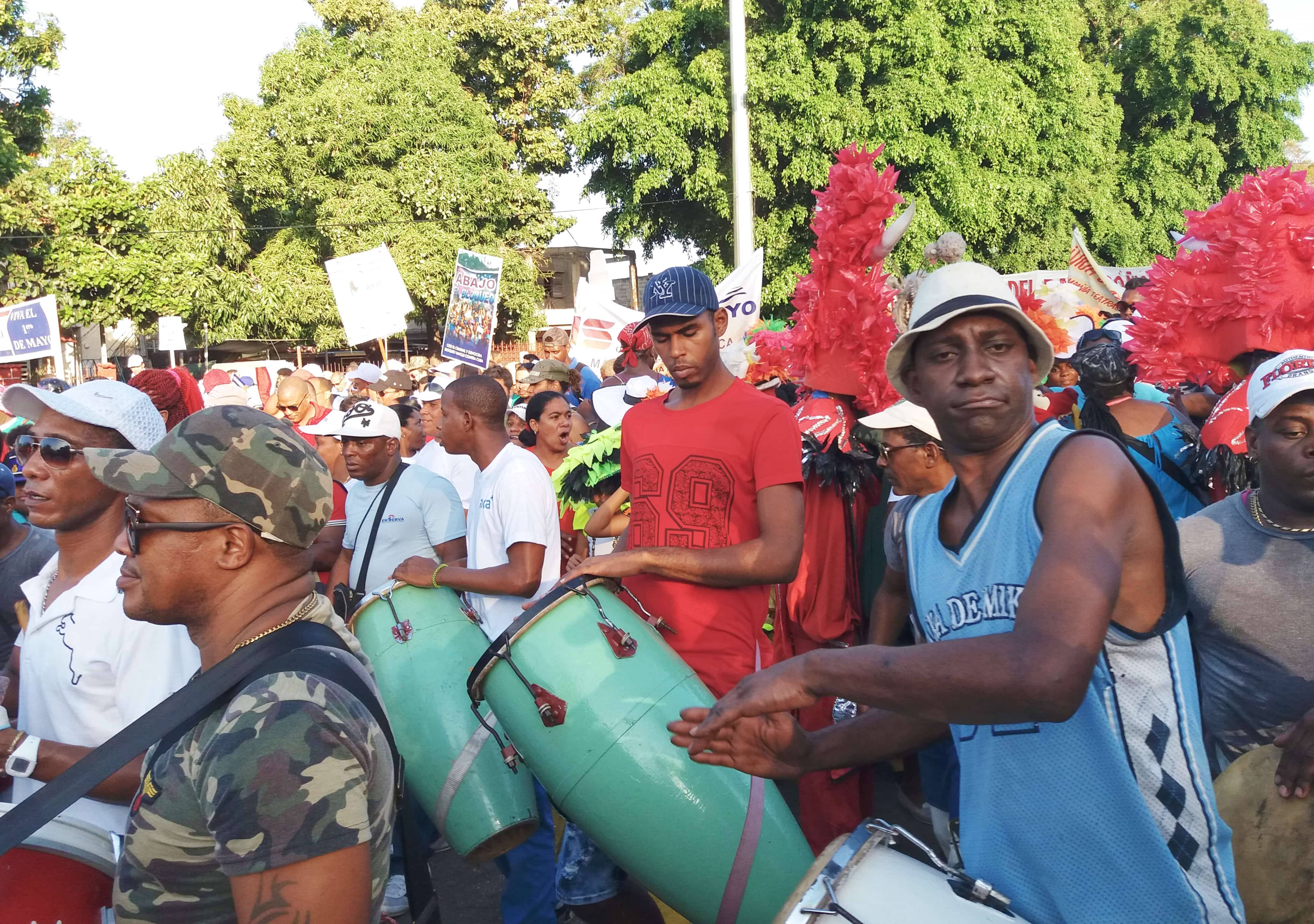 Percussion groups are a typical feature of the May Day Parade Men play conga drums during the May Day Parade in Havana