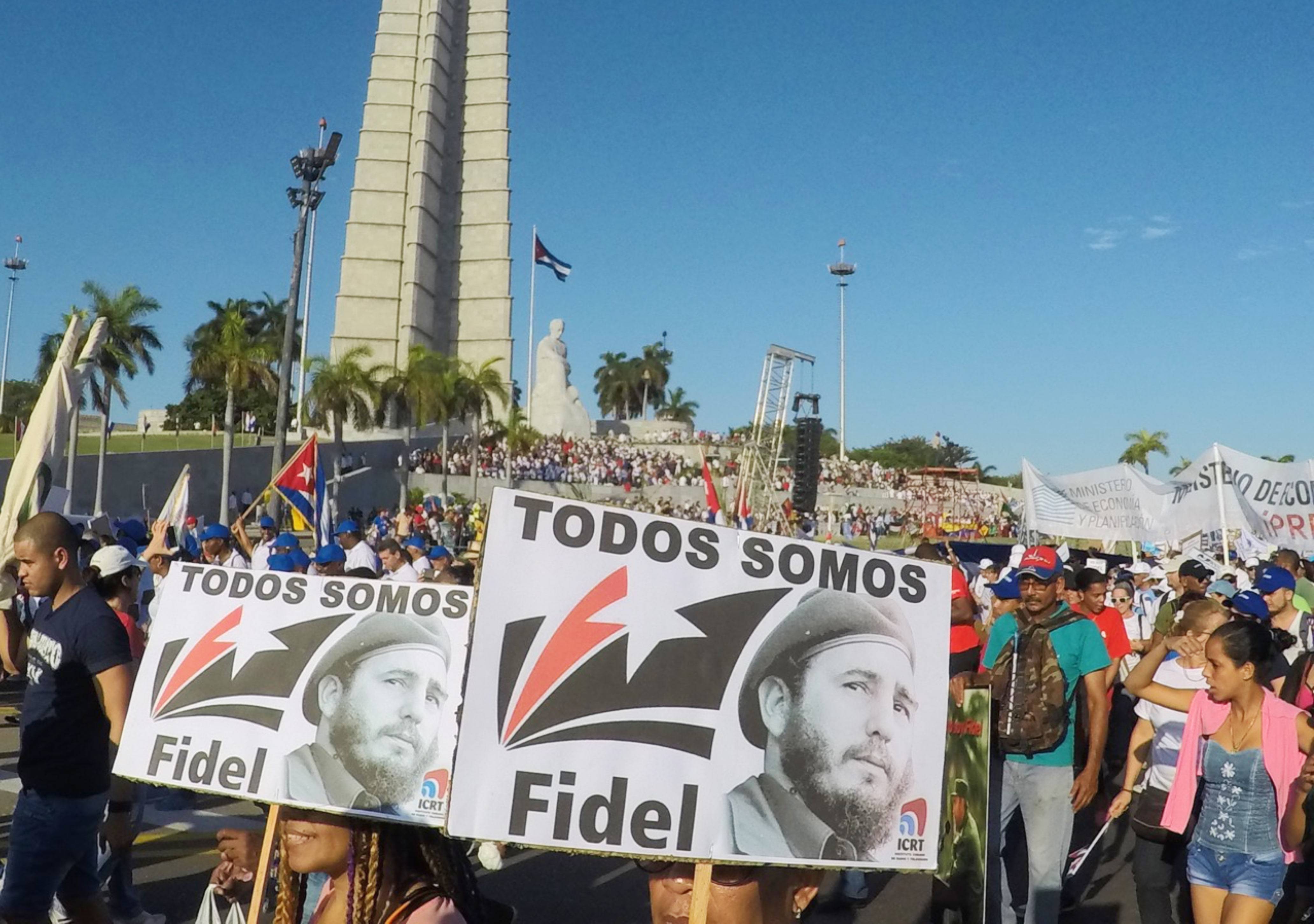 Placards showing support for Cuba’s long-time spiritual leader Placards reading ‘we are all Fidel’ at the May Day Parade in Havana