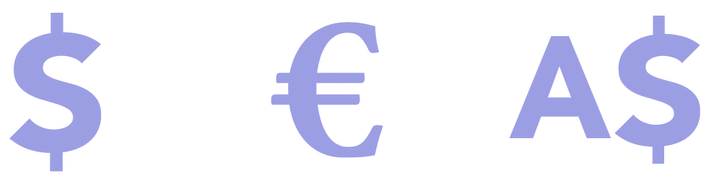 USD, EUR, AUD payment currency symbols USD, EUR, AUD payment currency symbols