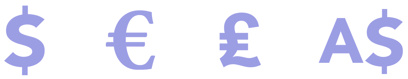USD, EUR, GBP, AUD payment currency symbols USD, EUR, GBP, AUD payment currency symbols