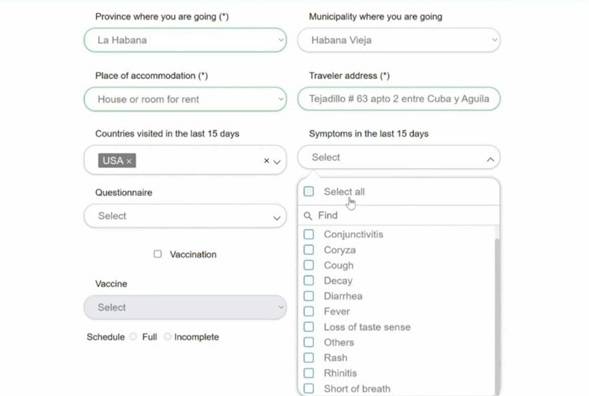 Health declaration section of D’Viajeros form