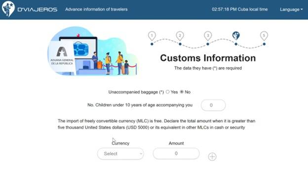 Customs information on the D’Viajeros form